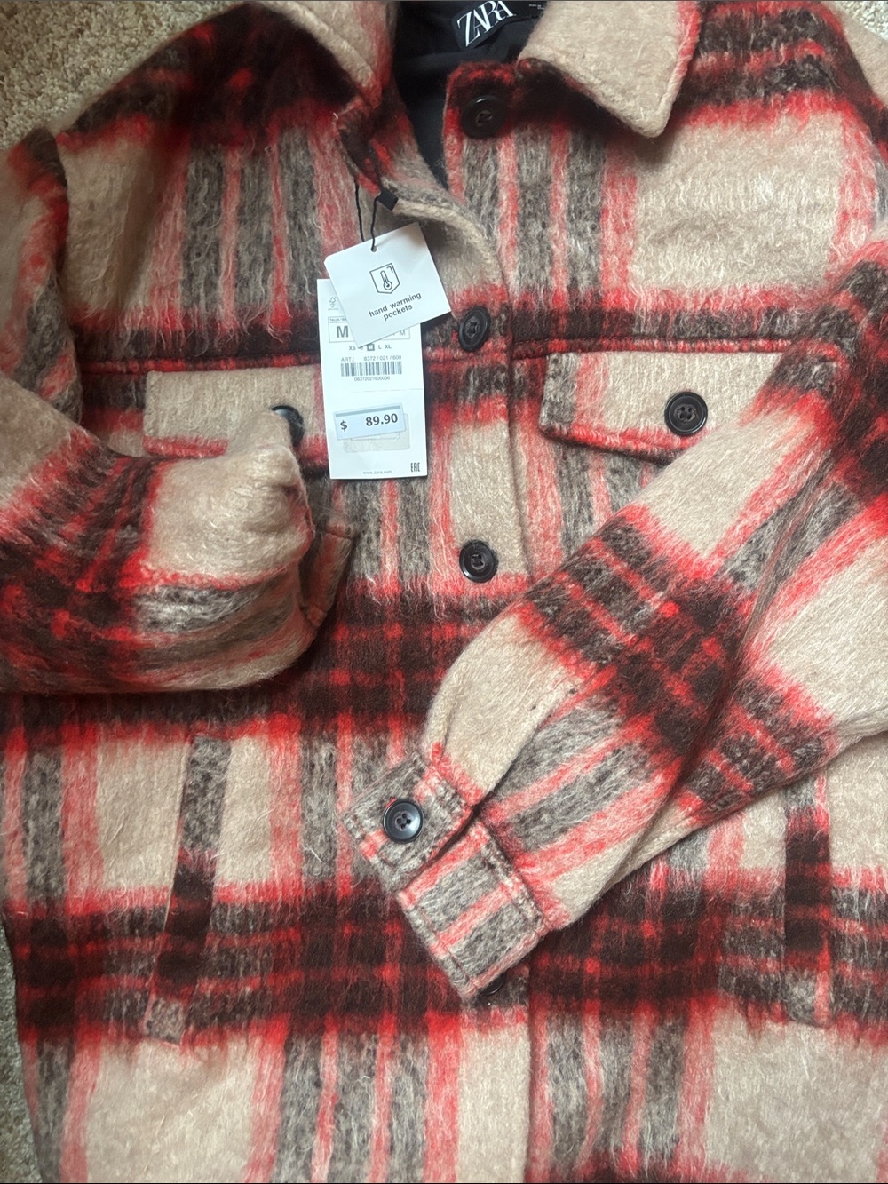 NWT Zara Plaid Shacket in Beige, Red & Brown